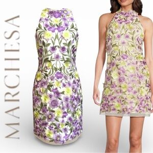 Muse by Marchesa Floral 3D Embroidered Halter Dress Purple Green Size 12 NWT